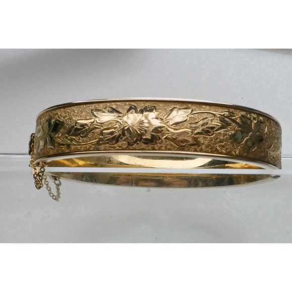 Beautiful Antique Botanical 12K Gold Filled Hinged Bangle Bracelet Signed FM - Picture 4 of 10